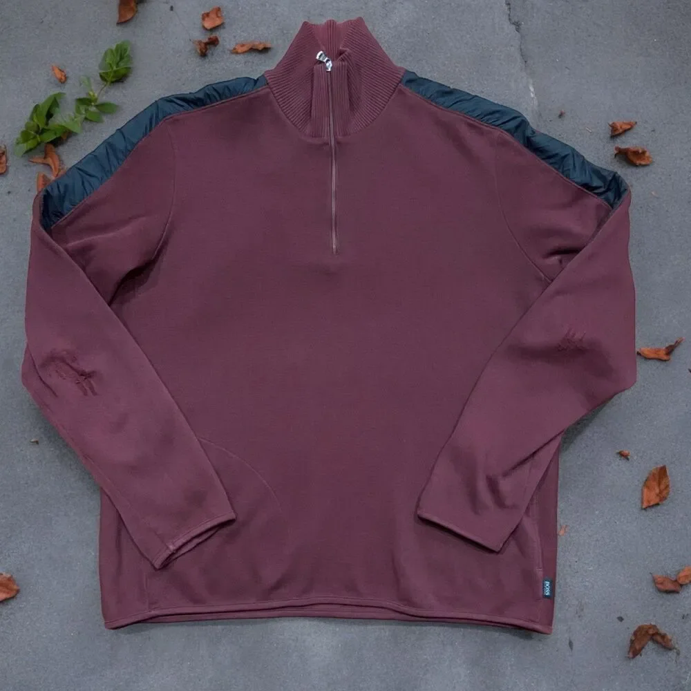 Hugo Boss Regular Fit 1/4 Zip Casual Burgundy Black Collar Sweatshirt Men's XL - Picture 1 of 11